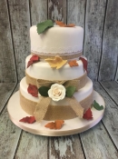 burlap wedding cake with autum leaves