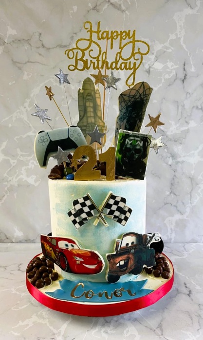 21-birthday-cake-with-Disney-cars-and-personal-tattos-