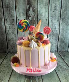 chocolate drip with candy and sweets birthday cake
