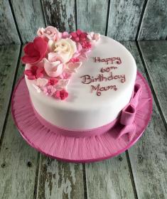 birthday cake with  pink sugar roses and bow