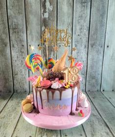 chocolate drip and sweets birthday cake