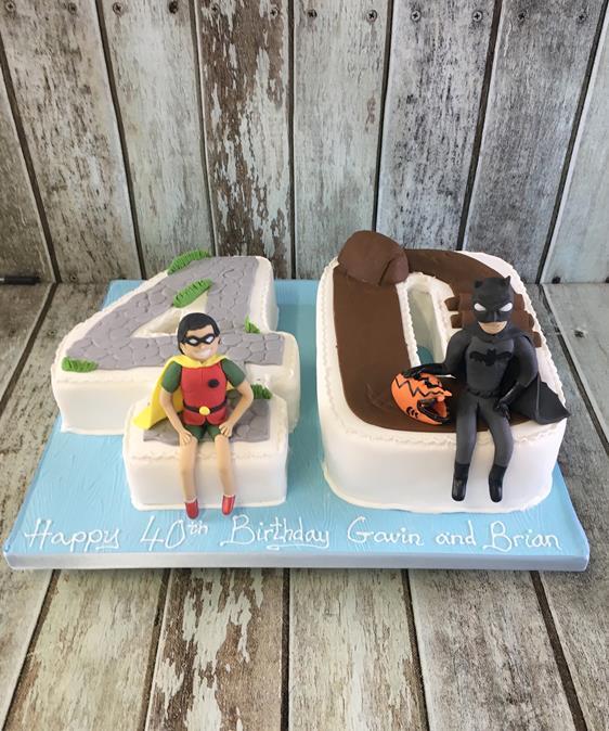 number 4oth birthday cake batman and robin sugar figures