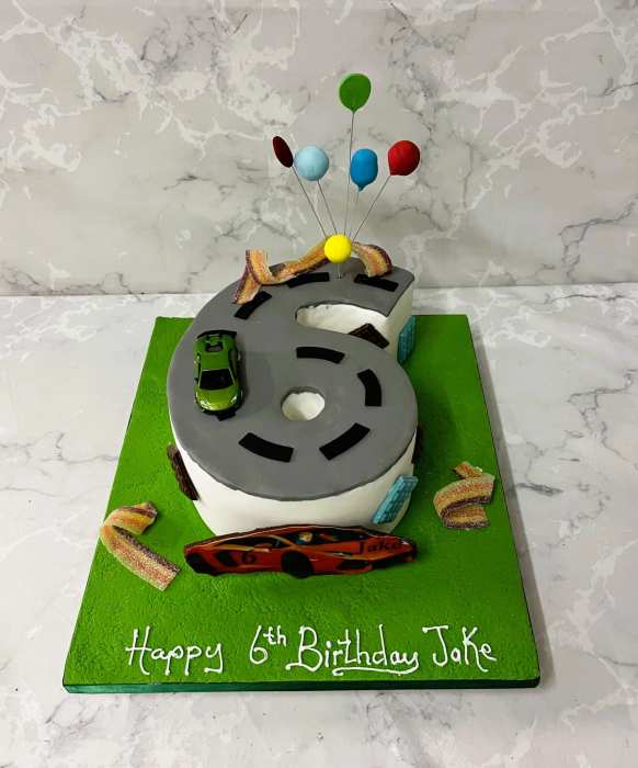 Race track  number 6 birthday cake