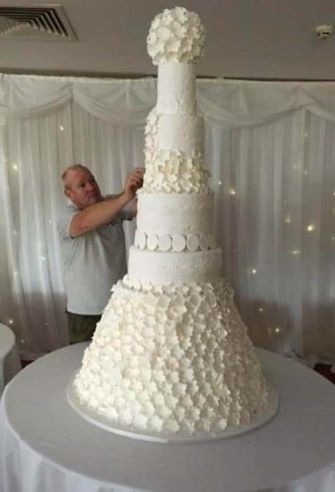 Extra large wedding cake adorned with sugar petals and flowers