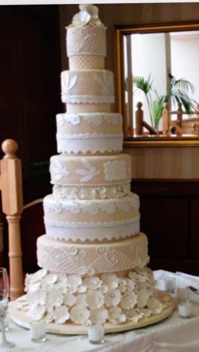 extra-large-wedding-cake-with-lace-and-trellis-hand-piping