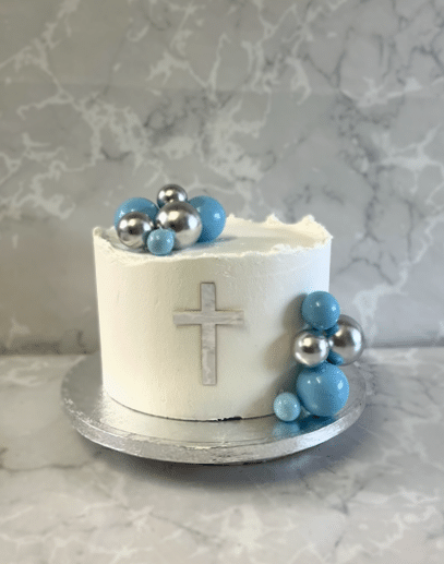 Communion-cake-with-Blue-and-Silver-Ball-Decorations