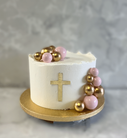 Communion-cake-with-Pink-and-Gold-Decorations