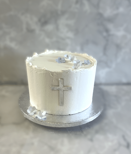 Communion-cake-with-Silver-Cross-and-Blue-sugar-blossoms-