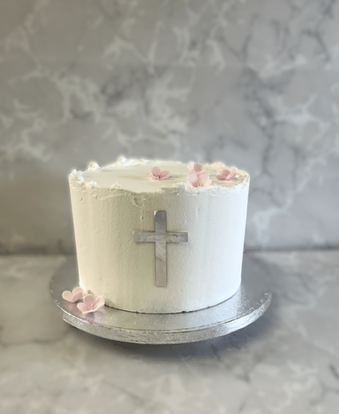 Communion-cake-with-Silver-Cross-and-Pink-Sugar-Blossoms-