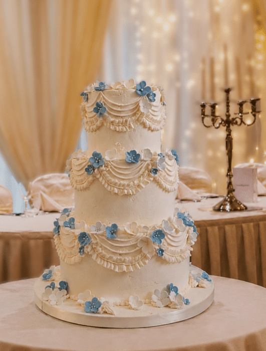 Buttercream-Wedding-cake-Lambeth-style-with-hand-piped-swags-and-blue-blossoma-in-Dunboyne-castle-
