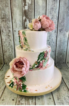 buttercream-applique-with-ink-and-green-and-silk-flowers-wedding-csake-