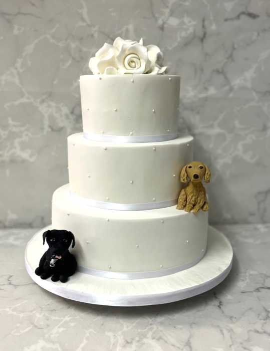 Hand piped pear wedding cake with 2 sugar dogs