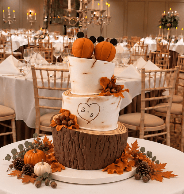 Autumn-wedding-cake-topsy-Turvy-style-with-Pumpkins-venue-Dunboyne-Castle-Co-Meat