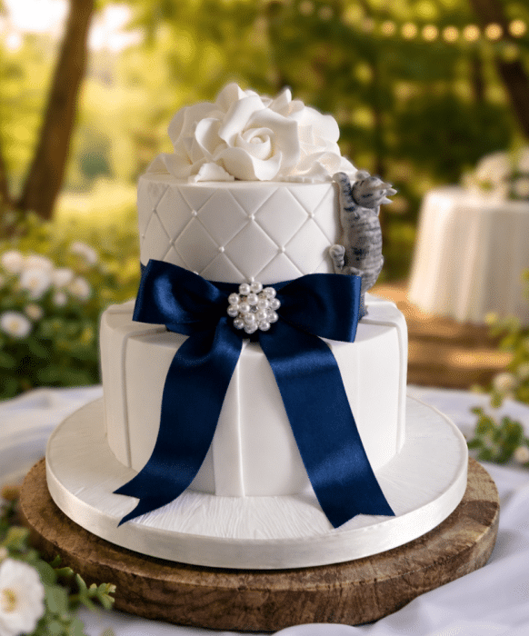 2 tier wedding cake with sugar cat climbing up the cake