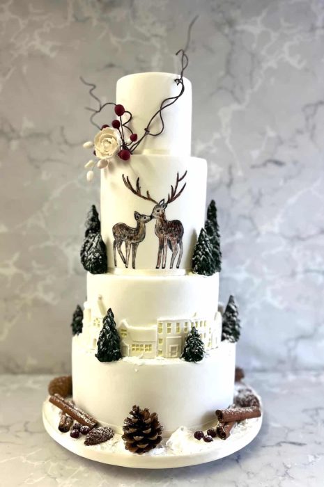 Hand painted Winter Deer with village wedding cake
