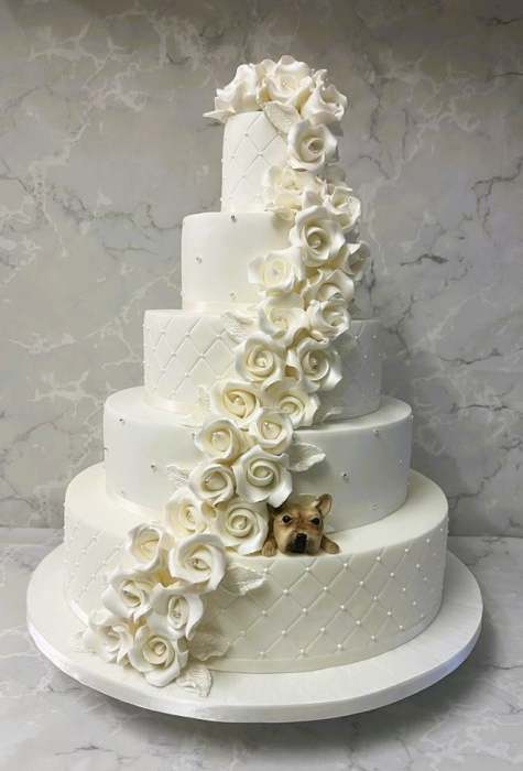wedding cake cascading-sugar-roses-with-peeking-out-dog-