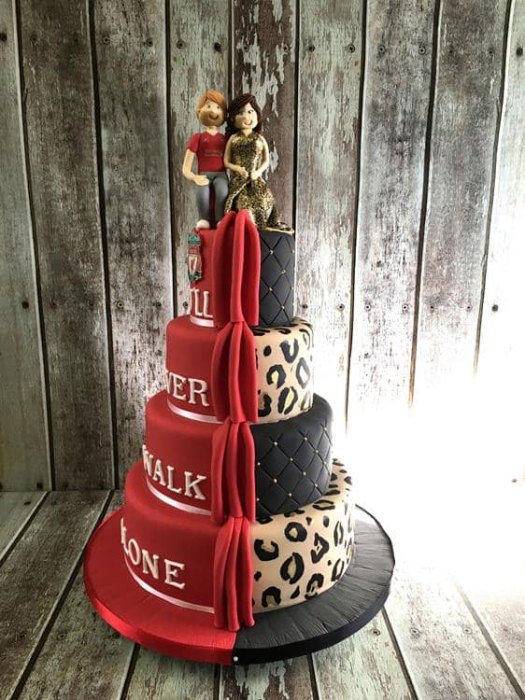 Liverpool football wedding cake with leopard print