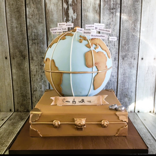 Come fly with me globe and suitcase wedding cake