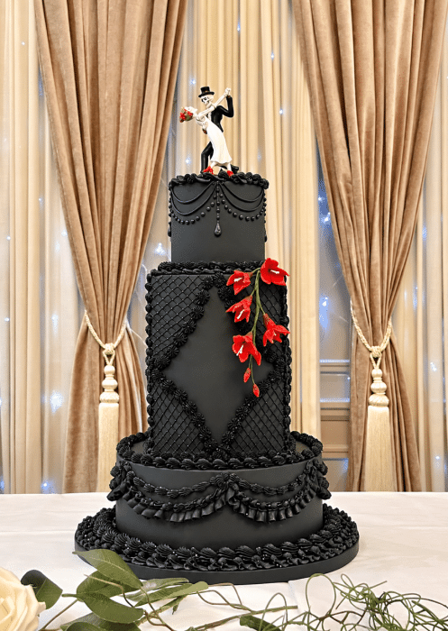Black-Lambeth-Wedding-cake-with-Red-flowers and Bride and Groom Toper in Ireland