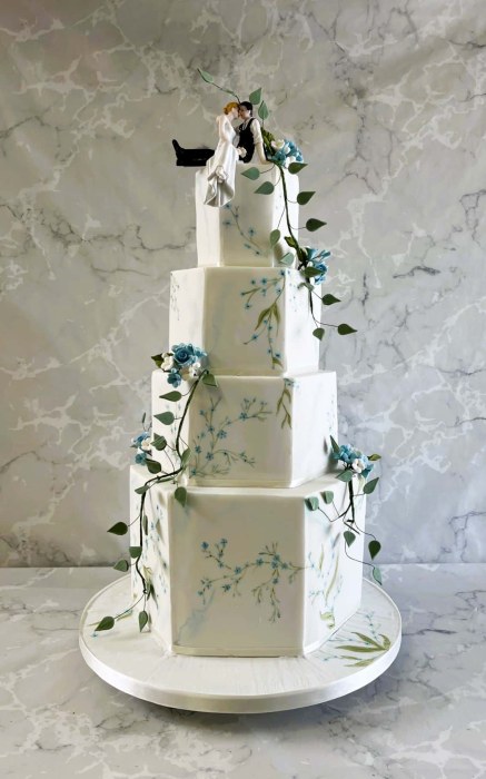 Hexagonal-delicate-hand-painted-blue -wedding-cake-