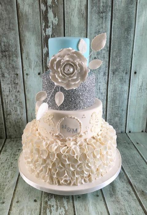 silver sequin ruffles and diamond applique royal icing vintage beautiful ornate specular hand crafted hand painted original design  wedding cake Dublin Ireland bray chocolate red velvet lemon drizzle