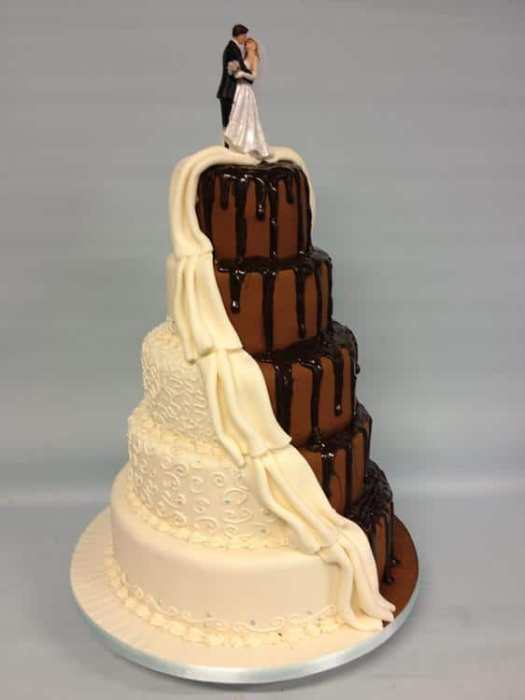 Shabby chic split wedding cake with dripping chocolate