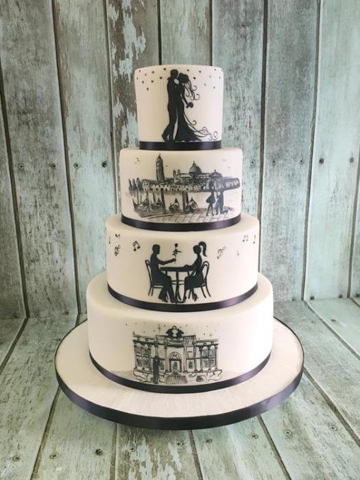 Black hand painted silhouette wedding cake