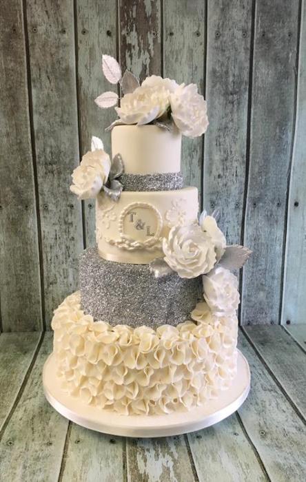 silver sequin ruffles and diamond applique royal icing vintage beautiful ornate specular hand crafted hand painted original design  wedding cake Dublin Ireland bray chocolate red velvet lemon drizzle