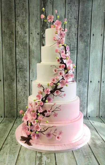 Pink cherry blossom wedding cake