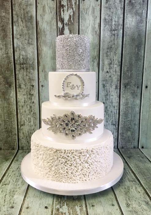 silver sequin ruffles and diamond applique wedding cake Dublin Ireland bray