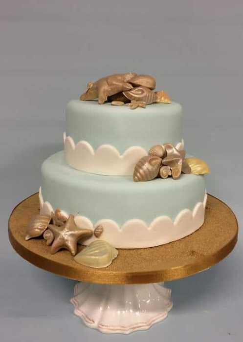 Seaside 2 tier wedding cake iced in blue