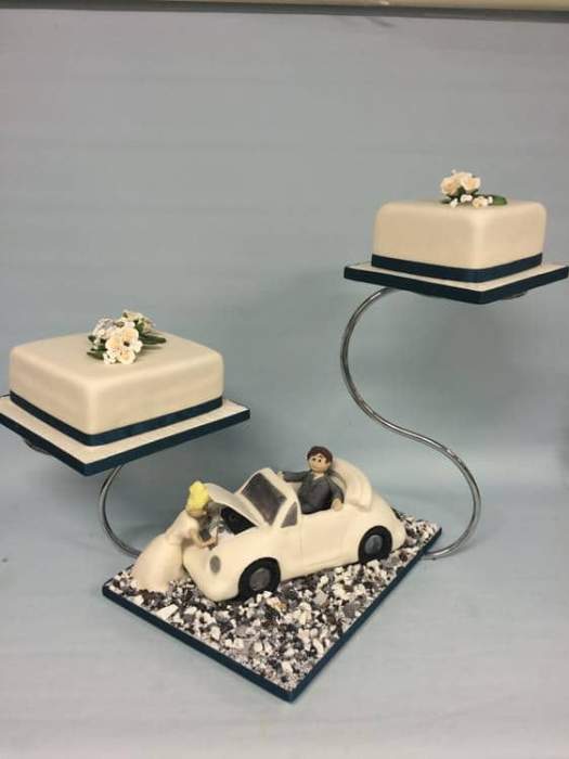 Wedding cake on a stand 2x square and car cake