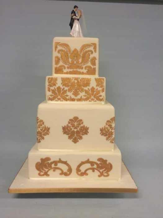 Gold and white square Damask wedding cake