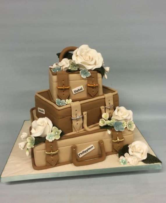 Brown and Tan Suit case Wedding cake
