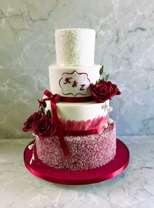 Ruby red wedding cake with sugar crystals