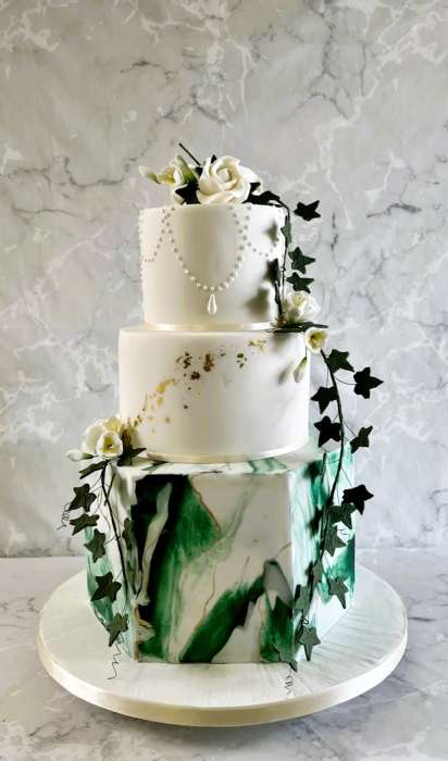 Green marble hexagon wedding cake