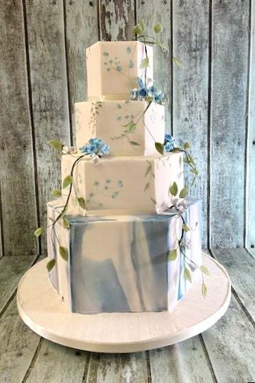 Large-hex-marbl-steel-blue-with-hand-painting-and-vine-sugar-leafs wedding cake