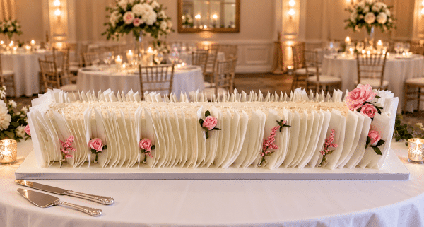 Long-wedding-cake-with-wafer-paper-finish-and-silk-roses-at-Tuliffaris-hotel-