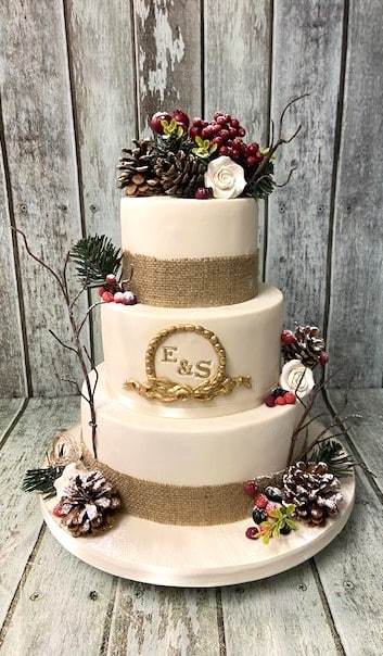 Rusic-winter-themed-wedding-cake-with-burlap-ribbon-wedding cake