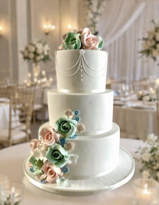 Wedding cake with Pastel green and pink Roses