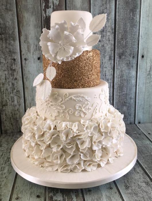 gold sequins and ruffles wedding cake