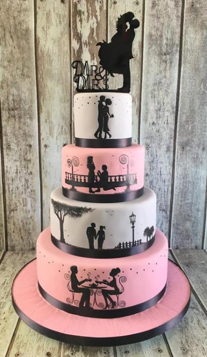 storybook silhouette wedding cake pink and gray