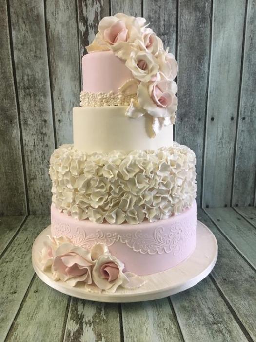 Pink and White vintage wedding cake with Ruffles 4 tier