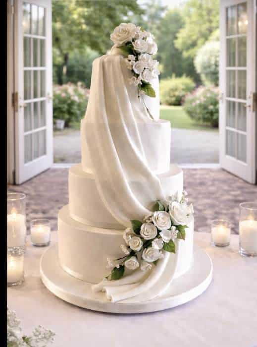 Wedding cake with White icing satin Drape and white roses