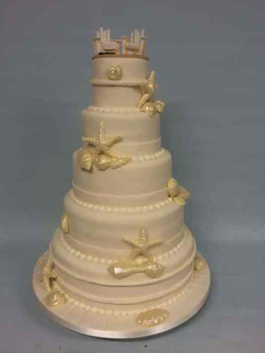 wedding cake with seaside theme and chocolate shells