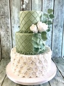 sage-green-trellis-with-rosettes-and-silk-flowers-wedding-cake-