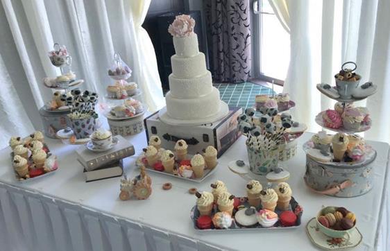 Vintage  wedding cake table and treats table